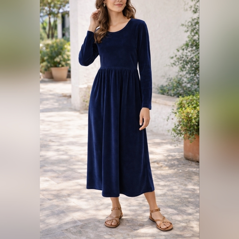 Erika & Co Petite Blue Midi Dress PM Long Sleeve Empire Waist Soft Velour Feel
